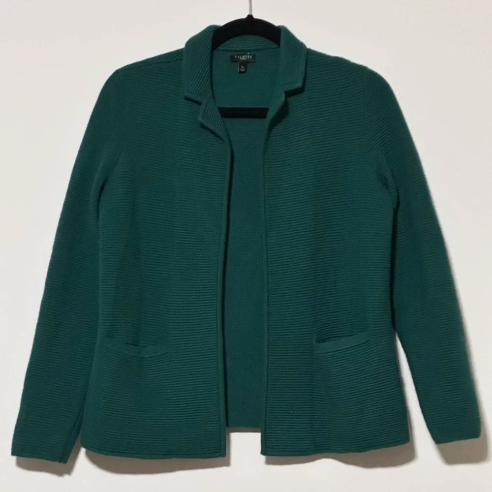 Talbots Merino Wool Blend Open Front Sweater Blazer Womens Petite S Green Pocket